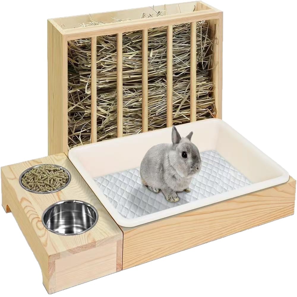 Nido de cría de conejos de madera Beber agua para comer Mascotas Alimentador ornamental Juego de nido de codorniz de hámster Estante de paja de conejo