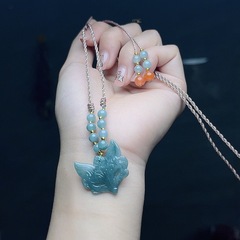 天然蓝水翡翠狐狸面具玉石翡翠吊坠搭配手工绳项链精美时尚女玉坠