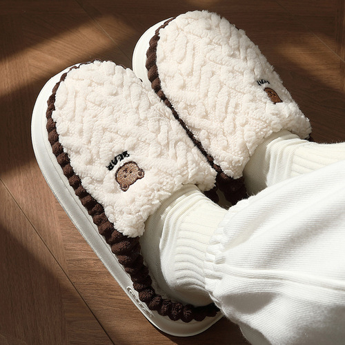 Home cotton slippers for women's winter cartoon bear cute fur slippers for men's winter bedroom non-slip fur slippers for men