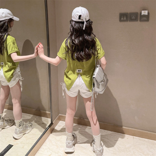 Girls Summer Suit 203 New Casual Girls Middle and Large Children Love Short Sleeve Drawstring Shorts Two-piece Set Children's Clothing 8
