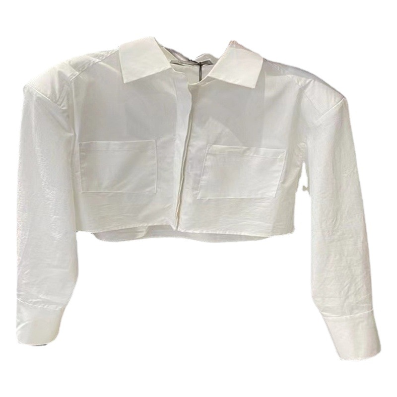 Nueva camisa de manga larga corta de color sólido de estilo coreano para niñas 2023 camisa suelta de bolsillo de solapa para niños medianos y grandes