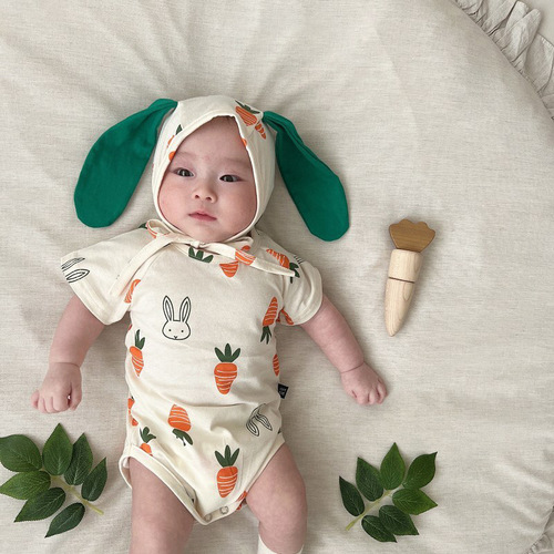 2024 Summer New Rabbit Shape Baby Onesie Ins Style Carrot Print Harness Baby Cover Up