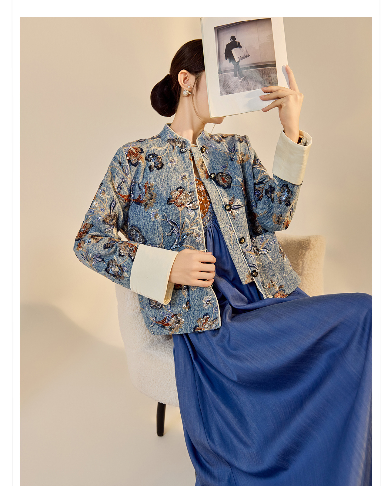 Váy yếm denim phong cách Trung Quốc mới, thiết kế jacquard nhuộm sợi cao cấp, dáng suông — màu nâu, màu xanh lá cây chi tiết 5