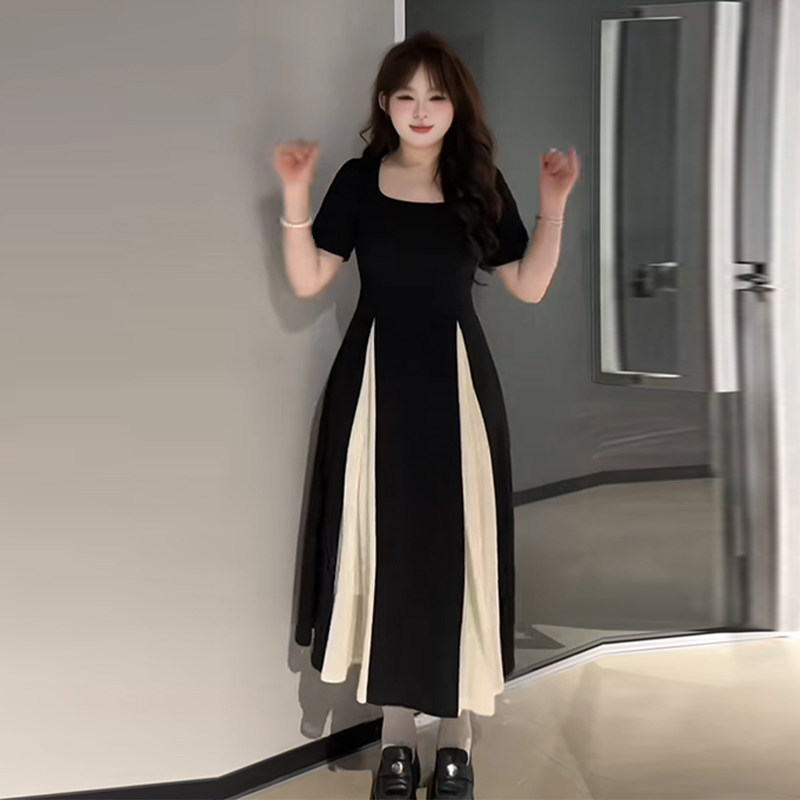 Plus-Size High-End Pleated Square-Neck Long Dress, Summer Slimming French Design, Elegant Flared Dress Plus-Size High-End Pleated Square-Neck Long Dress, Summer Slimming French Design, Elegant Flared Dress