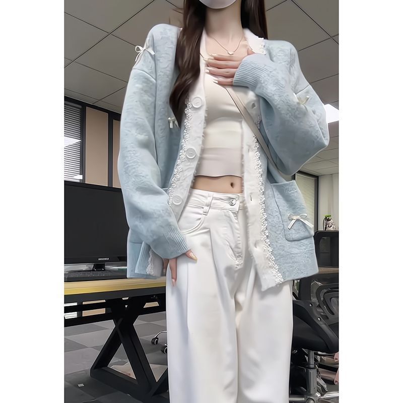 韩系蝴蝶结蕾丝边长袖针织开衫女2024秋冬甜美宽松中长款毛衣外套|undefined