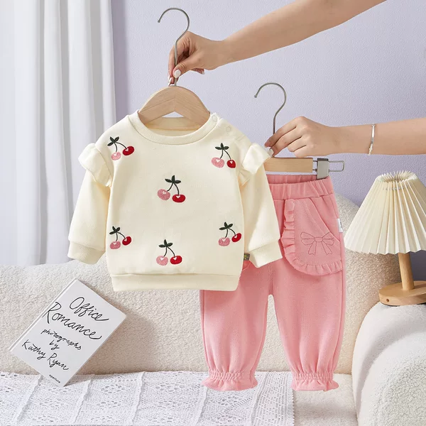 2026 Autumn New Children's Clothing Infant Cherry Sweet Big Pocket Sweatpants Two-Piece Set Baby Girl Sweatshirt Set