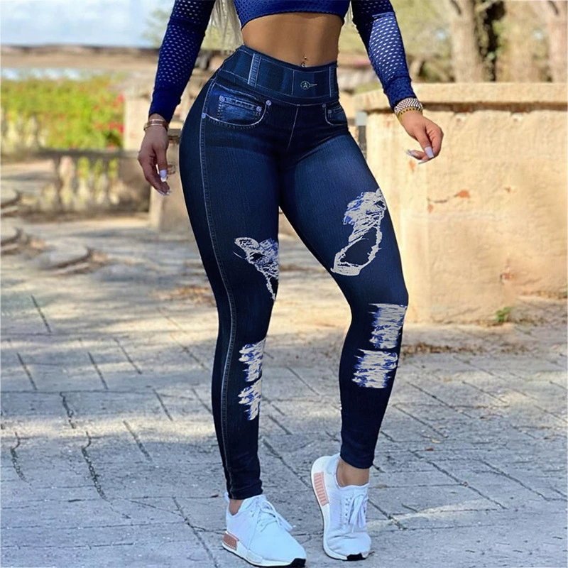 Elastic denim leggings, yoga clothing for gym, European style, Aliexpress, high waist, plus size