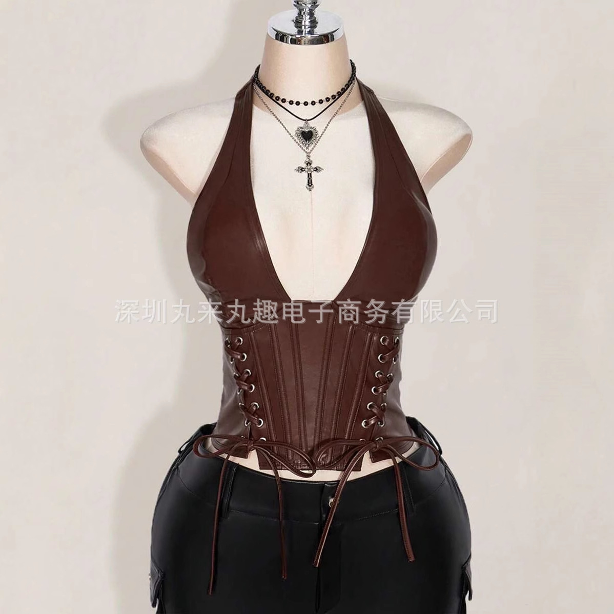 跨境欧美新款上衣纯色辣妹胸衣时尚女装性感皮质朋克收腰挂脖吊带