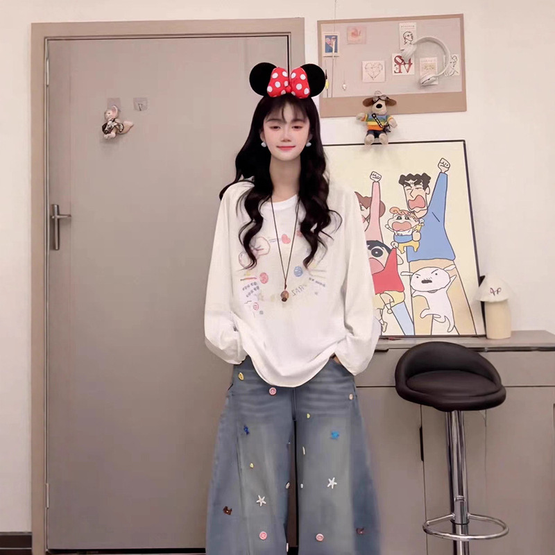 2025夏季新款百搭圆领卡通kitty猫印花长袖T恤女潮流休闲上衣|undefined