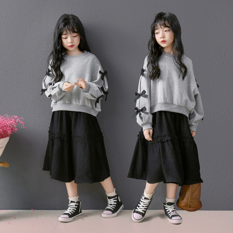 Falda holgada con orejas de madera, falda de media longitud hinchada de cintura alta, manga de pajarita, suéter lindo coreano