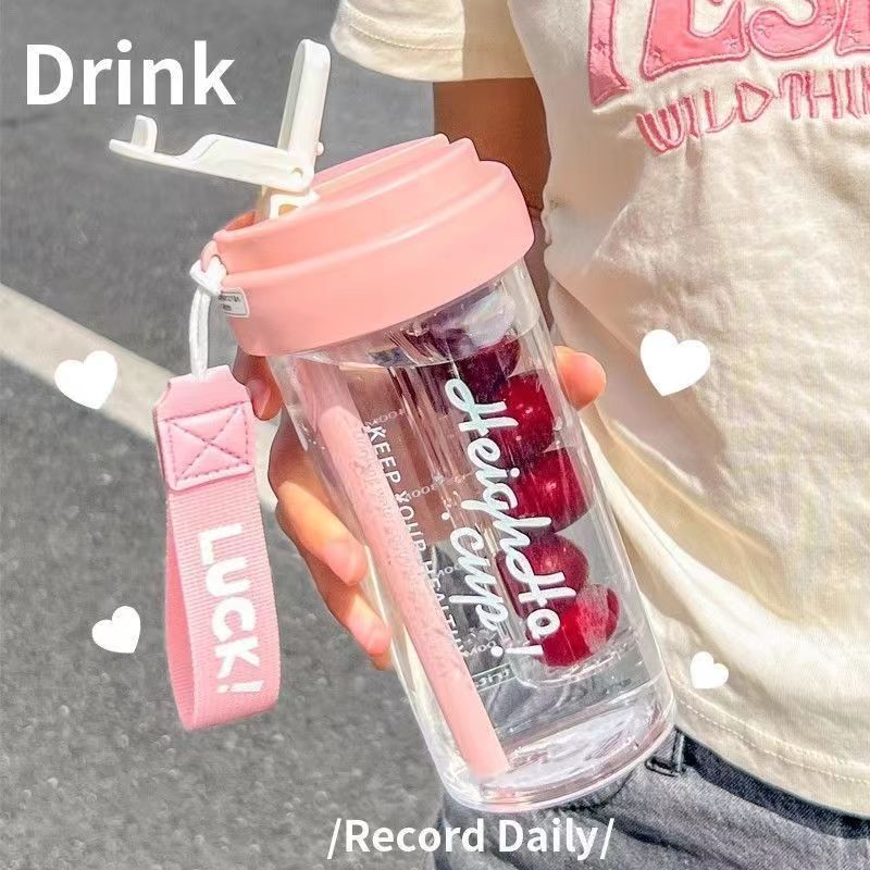 ハンドル付きティーバンクウォーターカップ、見栄えの良い漫画学生ダブルコンパートメントプラスチックウォーターカップ、大容量ドーパミンポータブルストローカップ|undefined