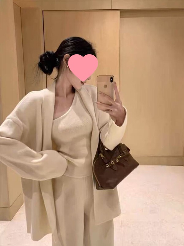 法式简约感毛衣套装女秋冬新款针织开衫背心高腰阔腿裤三件套|undefined