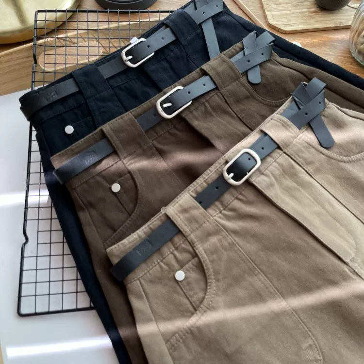 Ранняя осень Новые корейские женские крутые инструменты для девочек Joker, однотонная А-образная юбка + пояс 2023, осень и зима