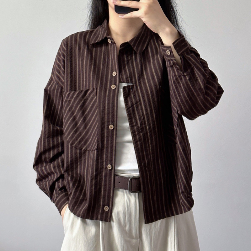 休闲条纹翻领短款小个子女长袖衬衣设计感百搭显瘦衬衫秋季上衣|undefined