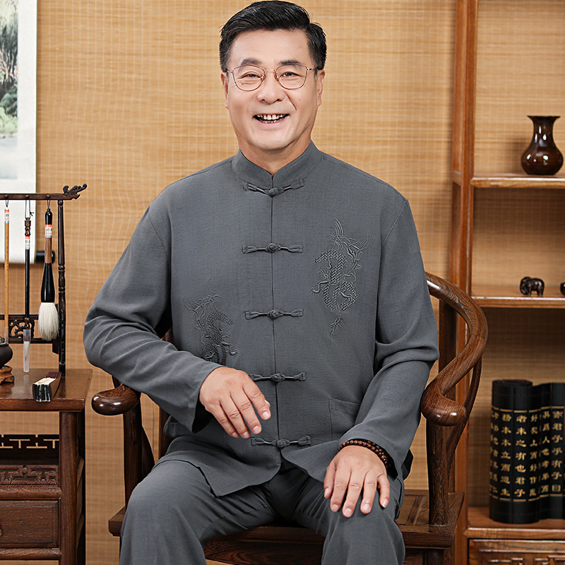 复古中国风唐装男款短袖套装手工盘扣刺绣设计长辈生日宴日常服饰