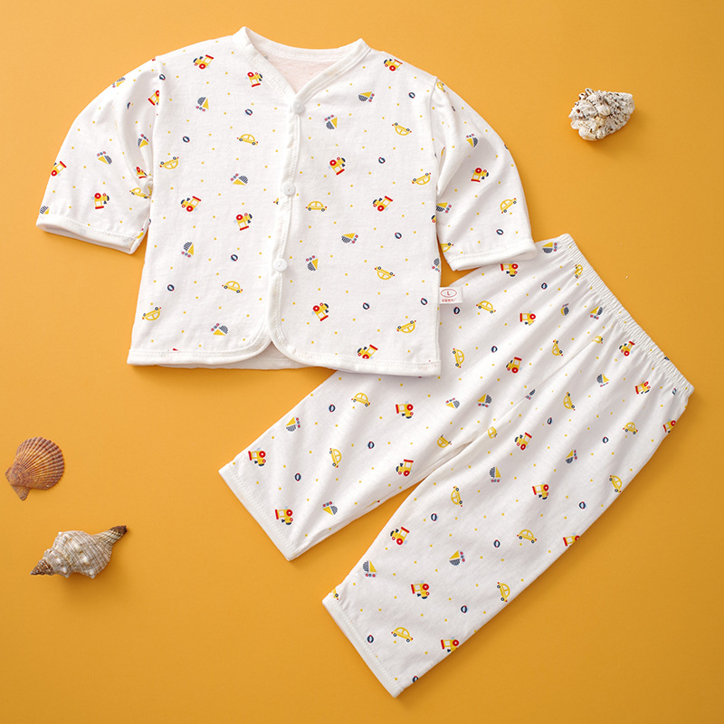 2023 primavera y verano Nueva Ropa interior de dibujos animados para el hogar hombres y mujeres traje de recién nacido Cuatro Estaciones de una sola cara Botón de algodón ropa de bebé