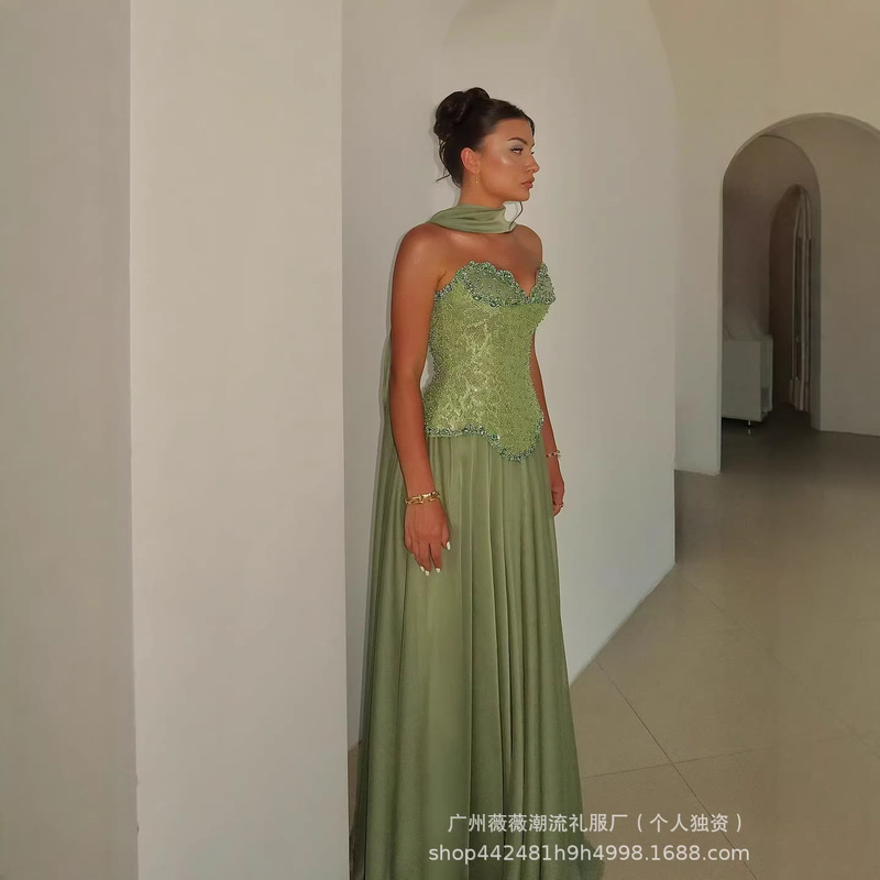 Cross-Border European and American Fashion Independent Website New Style Strapless Heavy-Duty Rhinestone Lace Pearl Faux Two-Piece Evening Gown for Women