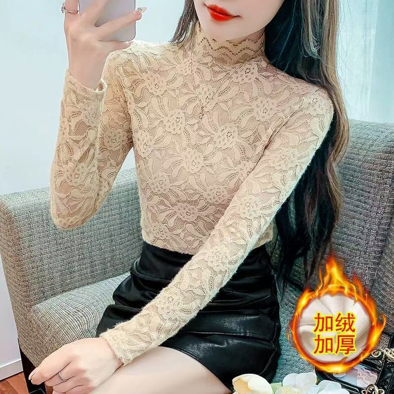 Popular Internet Hot fleece-lined Stylike Inner Top Women's Warm All-match Small Shirt Autumn and Winter New Lace Base Shirt for Women