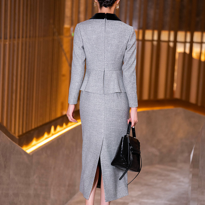 패션 원피스 여성의 2024 겨울 새로운 우아하고 세련된 회색 원피스 칼라 슬림핏 긴 소매 스커트