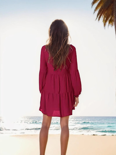 Amazon Independent Store 2025 Western and Eastern Cross-Border Autumn/Winter V-Neck Solid Color Striped Lantern Round Neck Medium Length Princess Dress