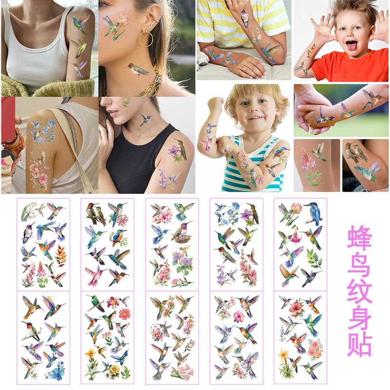 Cross-Border New Style Painted Hummingbird Tattoo Stickers for Girls' Arms and Faces, High-End, Waterproof and Sweat-Proof Temporary Graffiti Cross-Border New Style Painted Hummingbird Tattoo Stickers for Girls' Arms and Faces, High-End, Waterproof and Sweat-Proof Temporary Graffiti