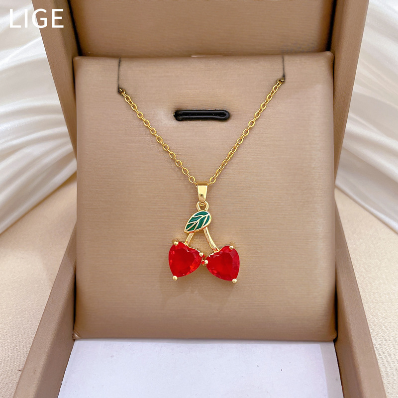 Elegant Red Cherry Necklace In Titanium Steel With Full Diamonds_voghion.com