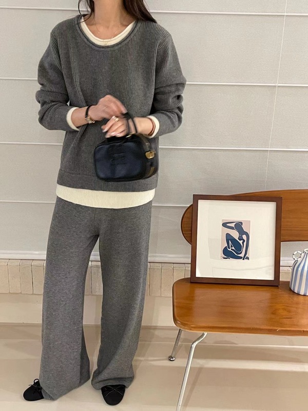 韩系时尚休闲假两件针织套装女秋冬新款跨境外贸毛衣阔腿裤两件套|undefined