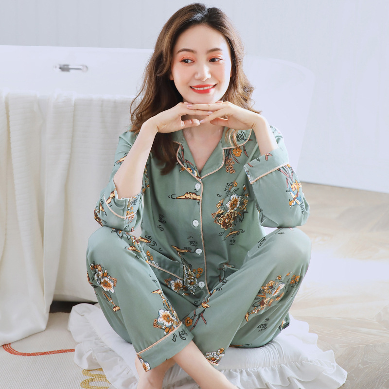 뜨거운 판매 봄과 가을 풀업 코튼 파자마 여성의 우아한 우아한 스타일 긴 소매 바지 카디건 플러스 사이즈 홈 의류 세트