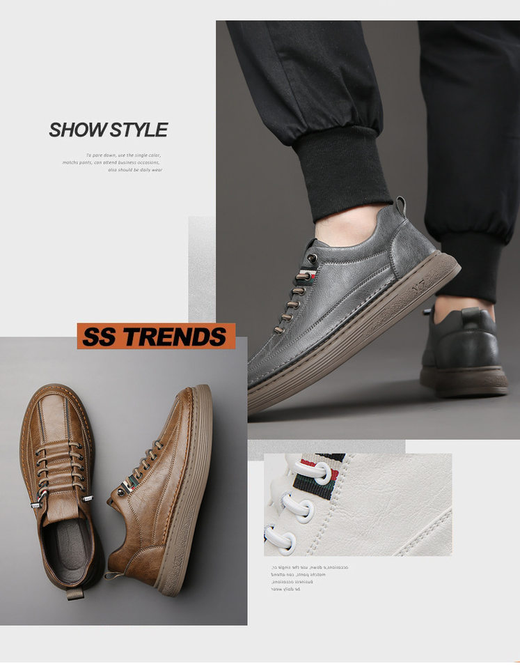 Giày sneaker nam da bò thật phối da, đế bằng mềm, cổ thấp, dây thun co giãn — GX2036 kaki, GX2036 màu trắng, GX2036 màu xám chi tiết 4