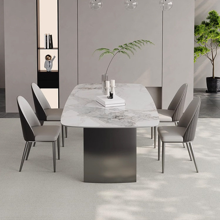 Mesa de comedor de placa de roca minimalista italiana mesa de comedor de acero inoxidable moderna minimalista rectangular sala de estar en casa luz combinación de mesa y silla de comedor de lujo