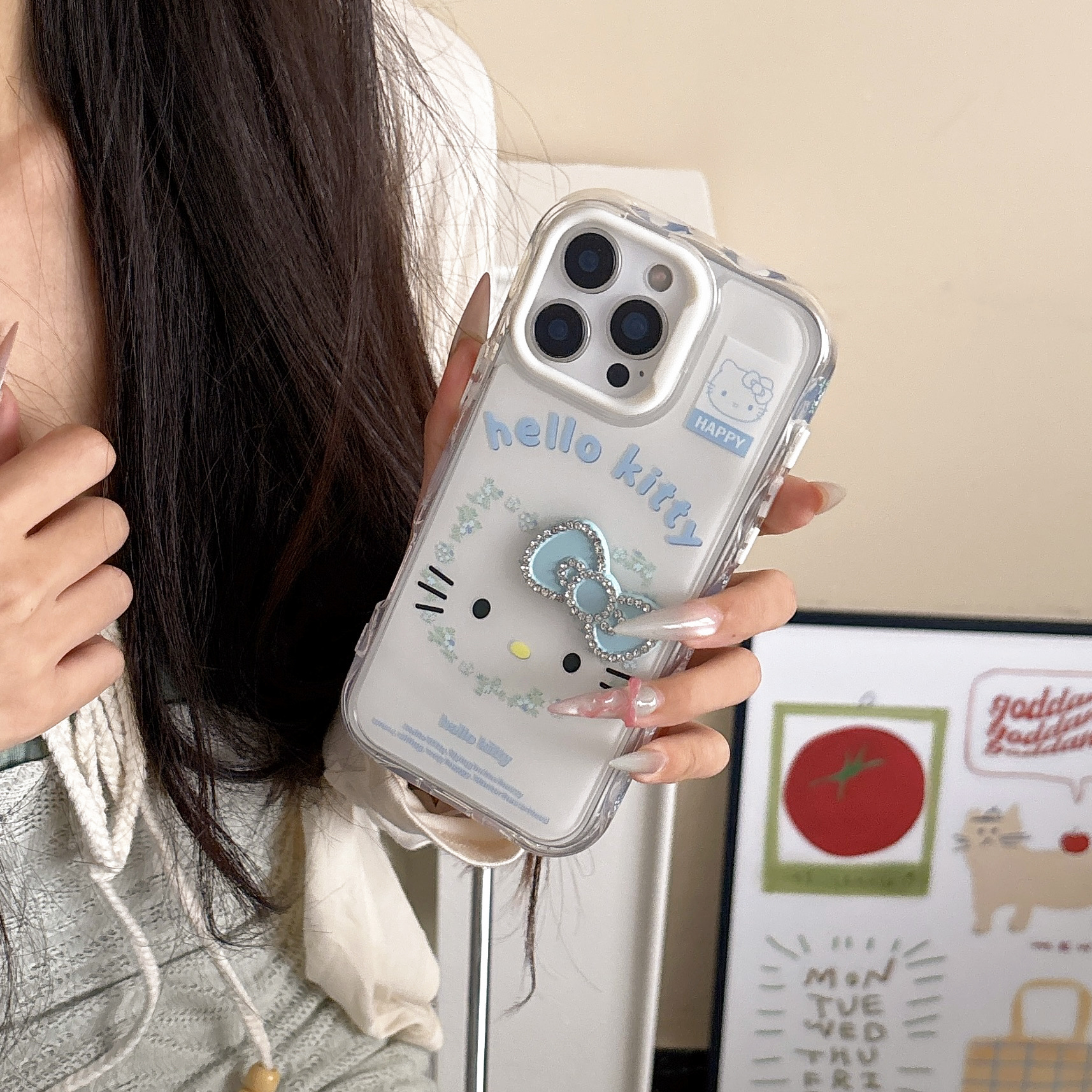 Corazón de niña destellando diamantes bowknot KT emoji para Apple 16ProMax funda para teléfono móvil 15Pro nuevo 14/13 mujer