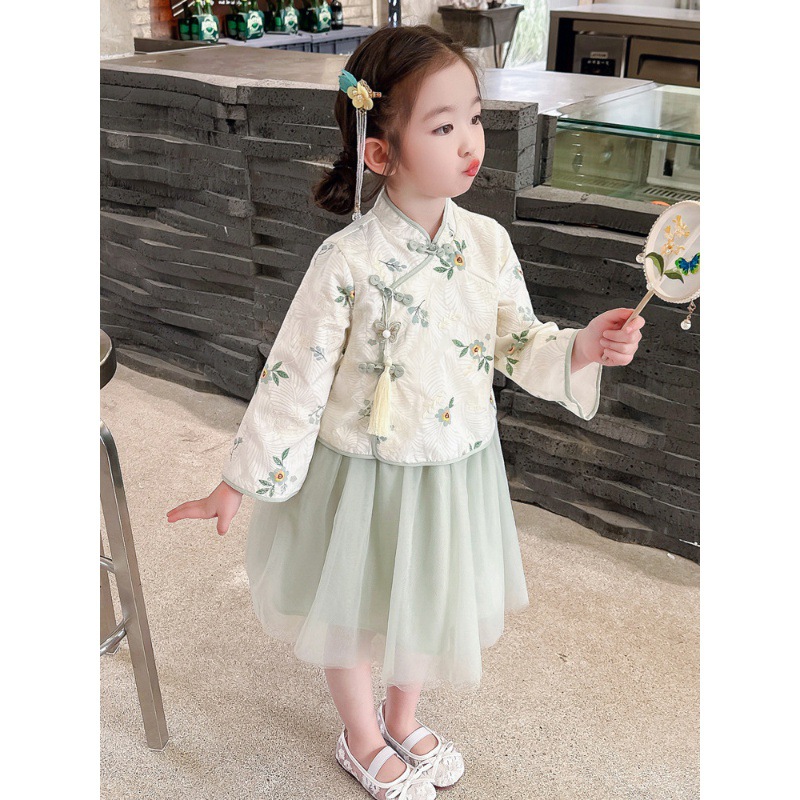 女童漢服連衣裙春秋2024新款洋氣兒童國風假兩件春裝公主紗裙子