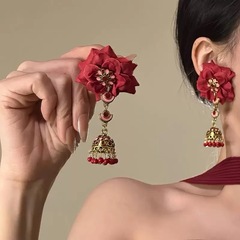 银针滴油布艺花朵流苏耳环复古个性时尚百搭耳钉轻奢高级感耳饰女