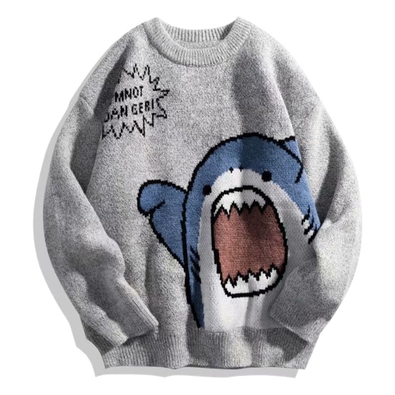 Otoño e invierno japonés de dibujos animados tiburón cuello redondo pareja suéter marca de moda de los hombres sueltos estilo coreano prendas de punto estilo de Hong Kong ins top