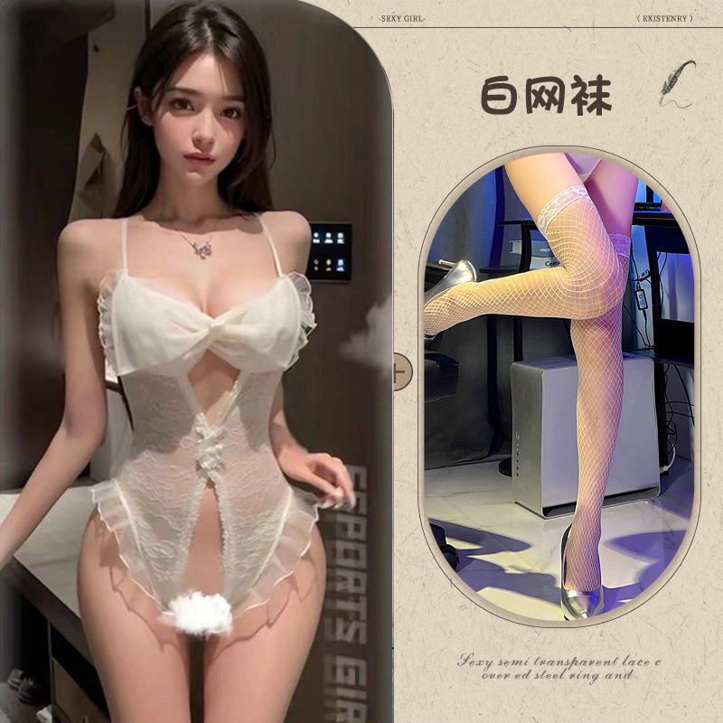 화이트[레이스 오픈 원피스] + 화이트 망사스타킹