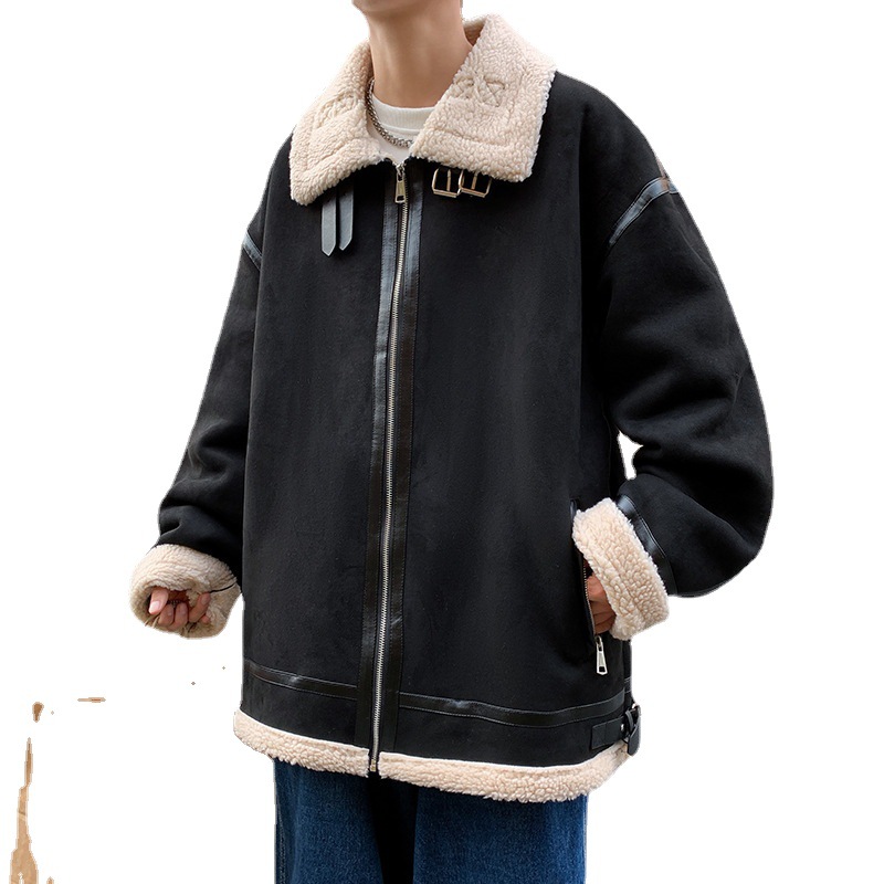 Abrigo de lana de cordero invierno de los Hombres estilo coreano Harajuku suelta marca de moda ins simple solapa de algodón acolchado chaqueta cardigan