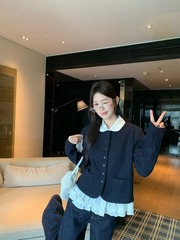 韩系穿搭套装藏蓝色长袖开衫外套叠穿衬衫女秋季阔腿牛仔裤三件套