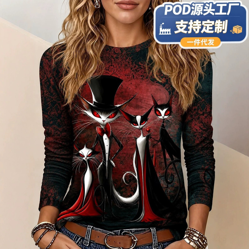 Halloween Women's Long Sleeve T-Shirt with Pumpkin and Skull Pattern, Vintage Fashion Round Neck Regular Fit Top for Everyday and Weekend Wear Halloween Women's Long Sleeve T-Shirt with Pumpkin and Skull Pattern, Vintage Fashion Round Neck Regular Fit Top for Everyday and Weekend Wear