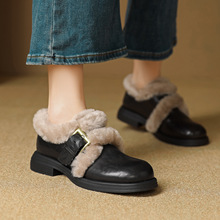 学院风时尚2025年秋冬圆头粗跟低跟加绒厚小皮鞋保暖深口百搭单鞋