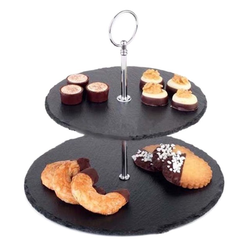 Estilo japonés y coreano de múltiples capas de pizarra negra soporte de la torta de cafetería placa de la torta de doble capa occidental postre plato de fruta Placa de oscilación