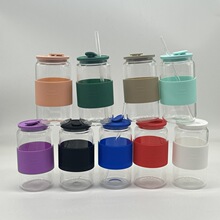 亚马逊高硼硅玻璃可乐杯16oz易拉罐饮料杯硅胶杯套硅胶盖玻璃吸管