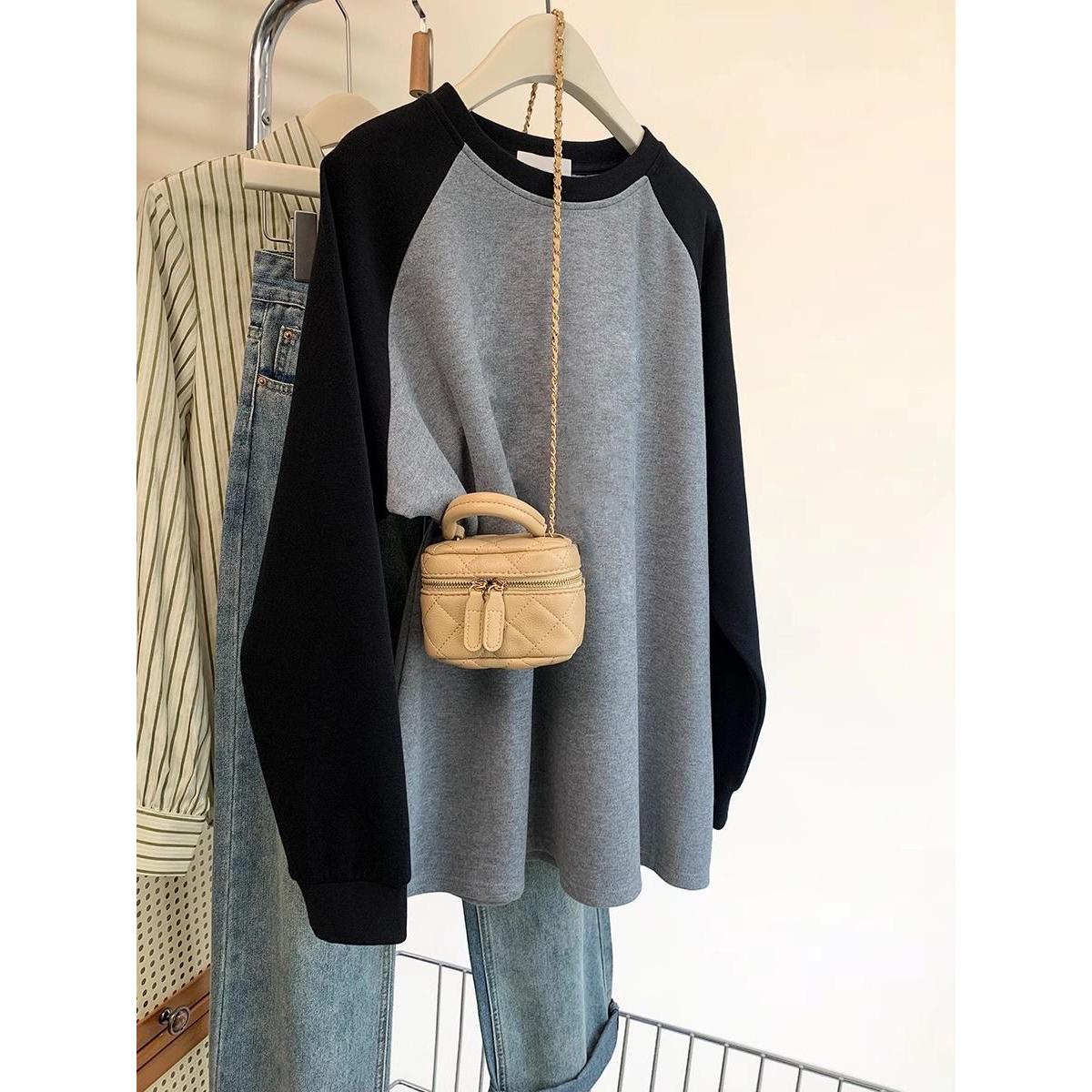 Extra Large Size 150kg Fashionable Spliced Raglan Sleeve Bottoming Shirt for Women Autumn and Winter New Loose Velvet Long-Sleeved T-Shirt Top