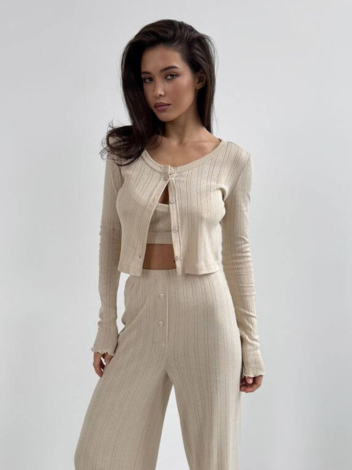 Bộ đồ ngủ nữ 3 món áo cardigan dài tay quần dài họa tiết jacquard — Màu be, Màu hồng chi tiết 51