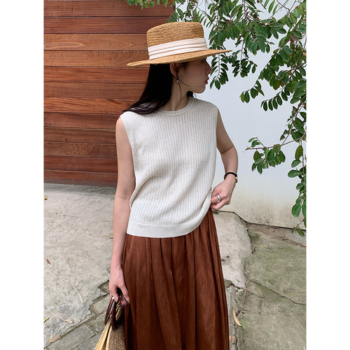 Wanwei French Design Knit Top for Women 2024 Summer New Arrival Striped Cross-Back Strappy Tank 007