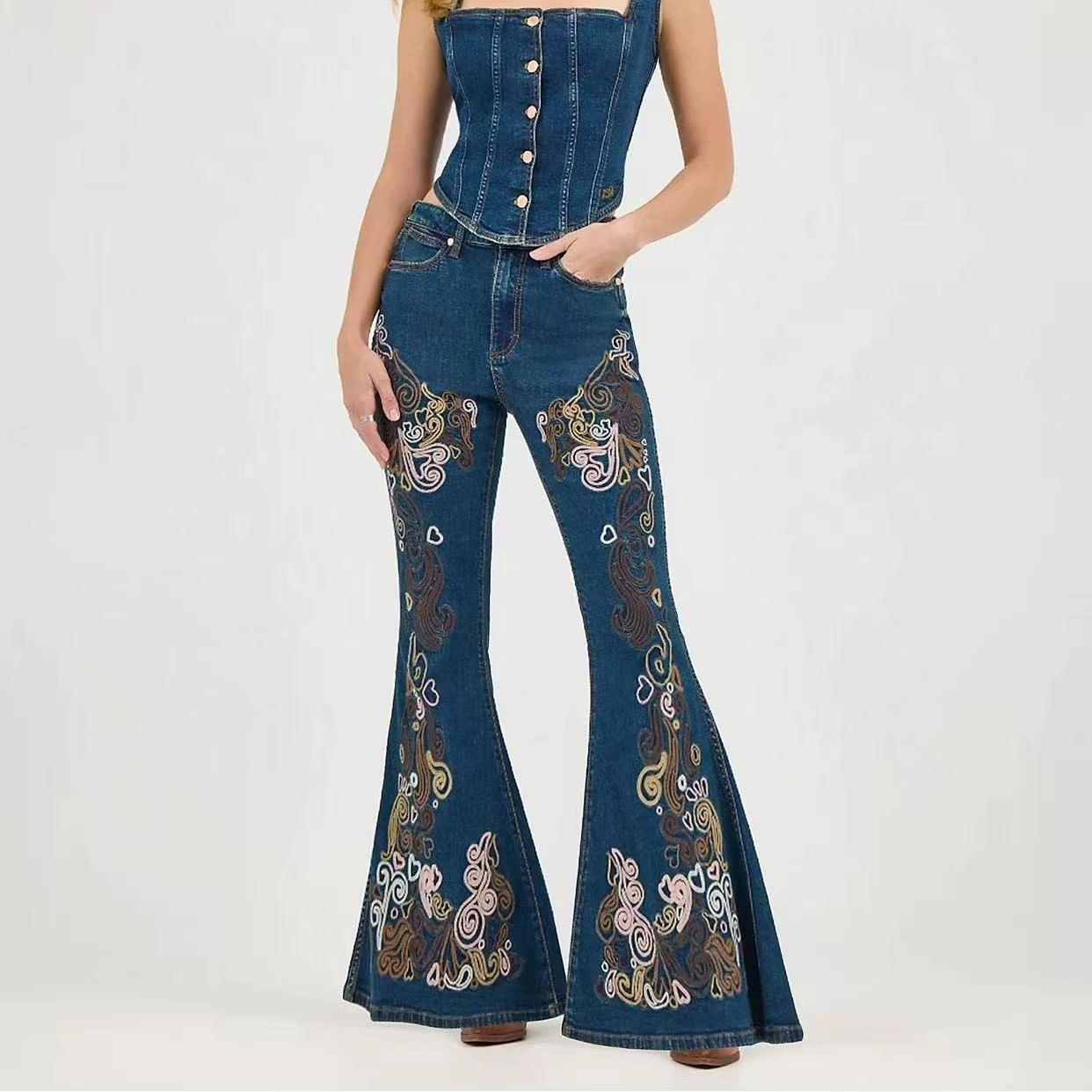 Женские узкие джинсы с вышивкой в стиле ретро,  европейско-американский дизайн,  с эффектом потертости