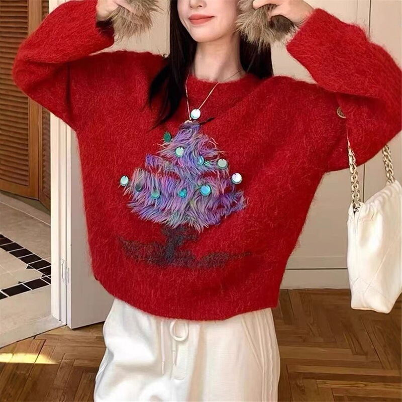 Korean-Style Round-Neck Embroidered Red Sweater for Women, 2025 Autumn and Winter, Festive Christmas Sequin Soft Loose Knit Sweater