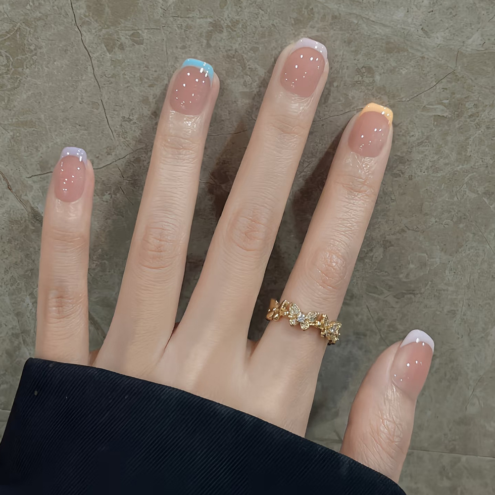 Esmalte de uñas trapezoidal francés de borde pastel desnudo 10 piezas de parche de uñas de ojo de gato de código dividido