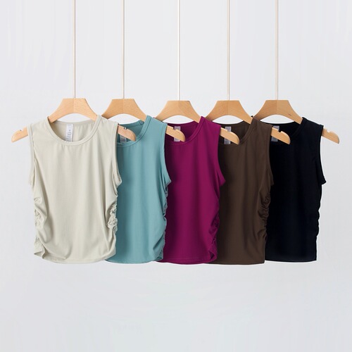 Summer New Flocked Bare Sensation Women's Yoga Backless Tank Top with Side Pleats Sleeveless Tight Fitting Slimming Base Top