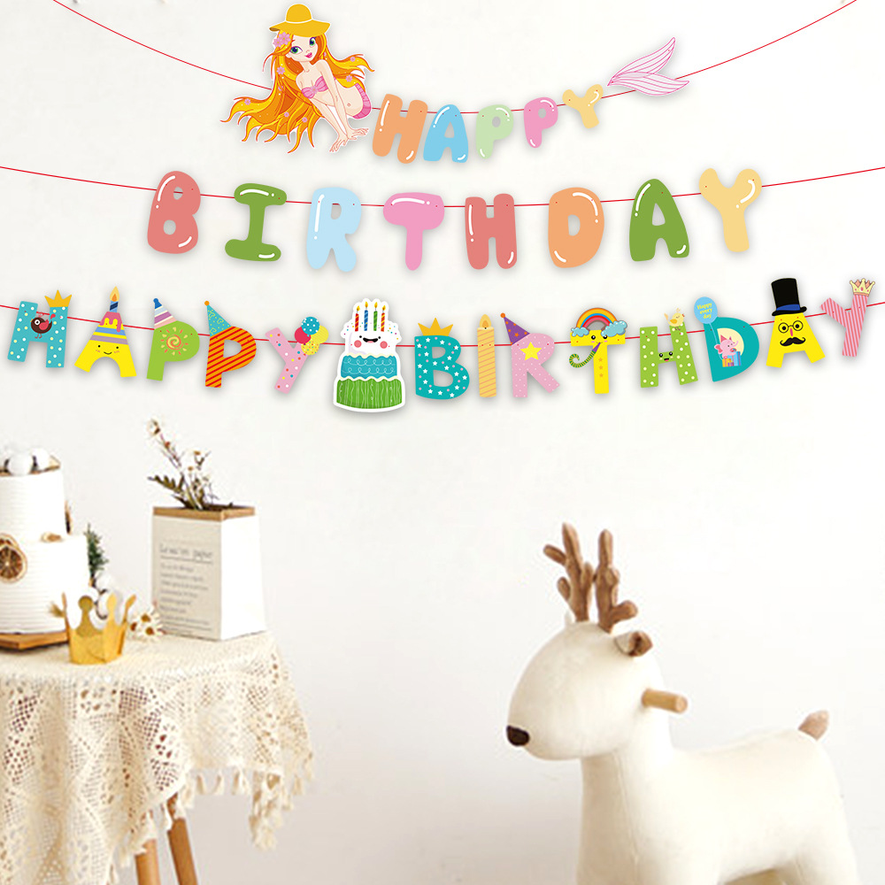 Cartoon Mermaid Flag for Children's Birthday Party Decoration, Birthday Banner for First Birthday Party Setup