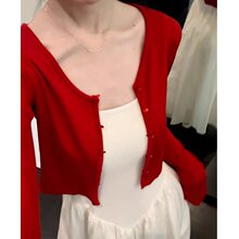 法式氛围感红色针织开衫短款女夏季吊带裙外搭披肩度假风防晒罩衫